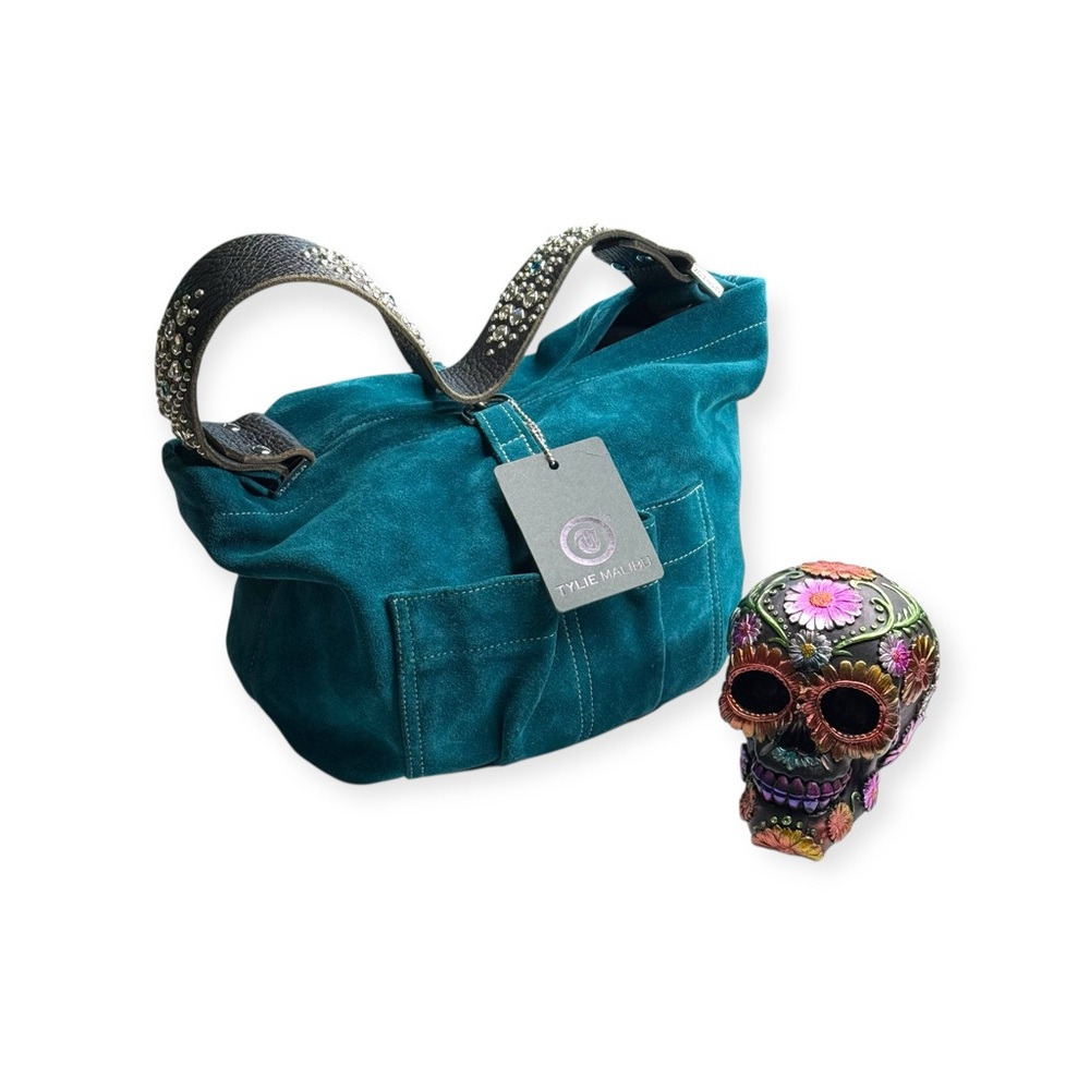 new Tylie Malibu ᪣ Utility Suede Hobo Bag ᪣ Crystal Embellish Strap ᪣ Teal Blue - Picture 14 of 16